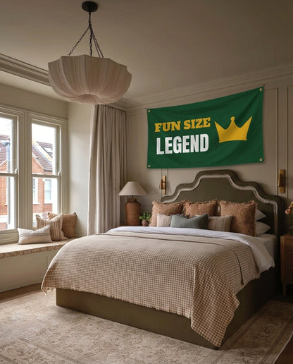Small But Mighty Legend funny wall flag hanging in a bedroom