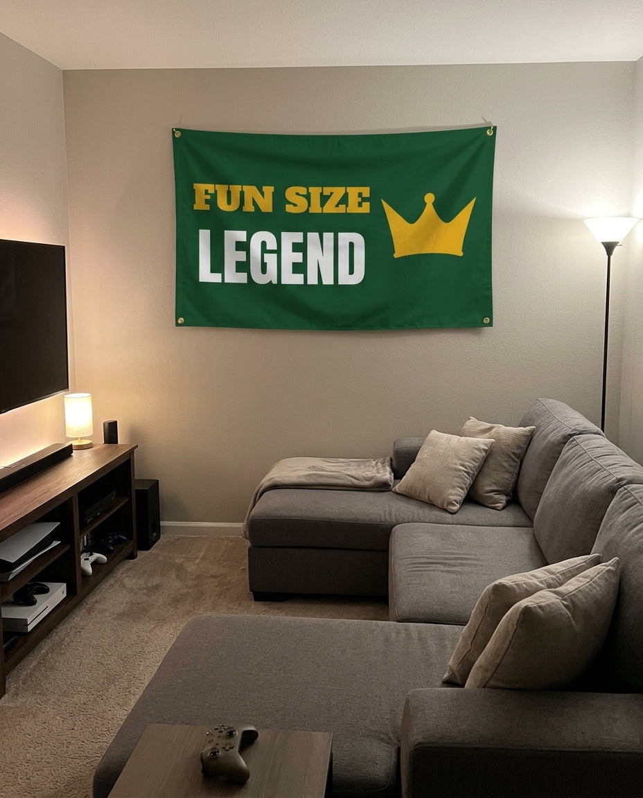 Small But Mighty Legend flag decorating a game room wall