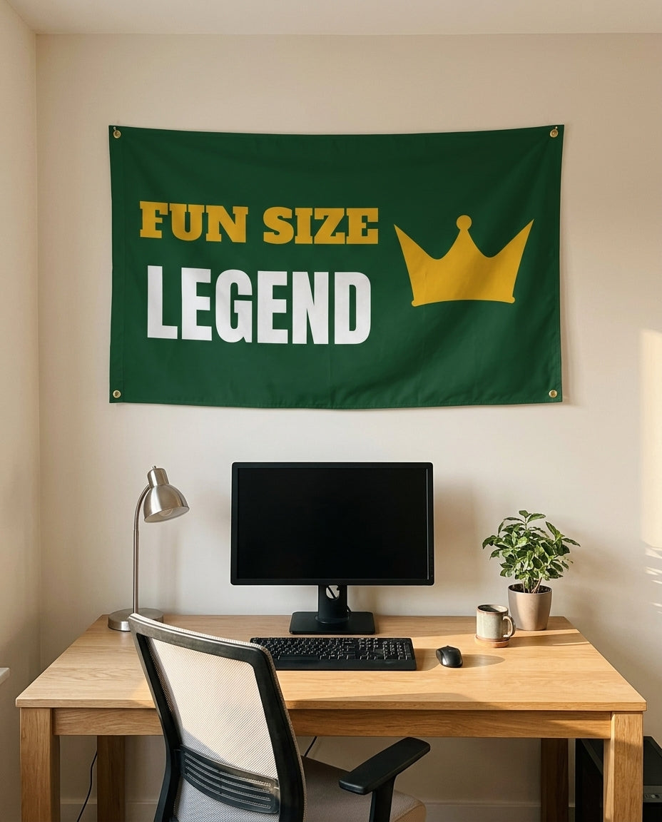 Small But Mighty Legend 3x5 flag on a home office wall