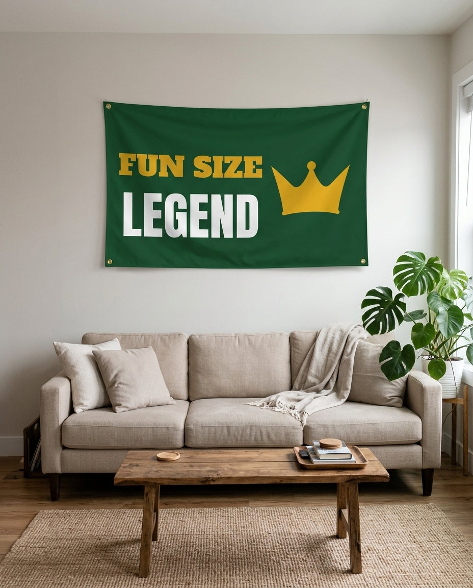 Small But Mighty Legend flag used as living room wall decor