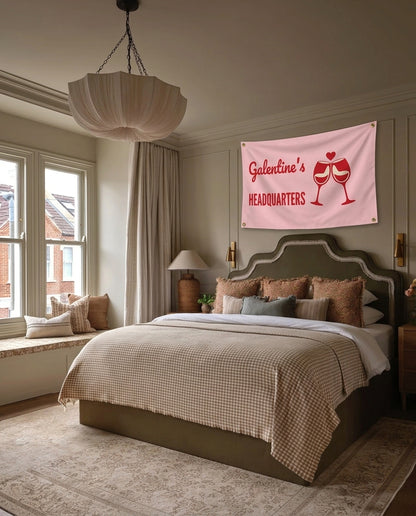 Galentines Headquarters girls night wall flag hanging in a bedroom