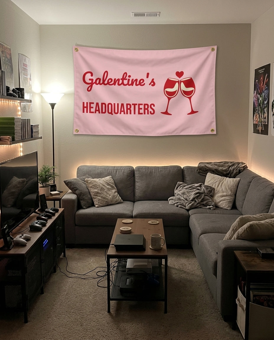 Galentines Headquarters flag decorating a game room wall