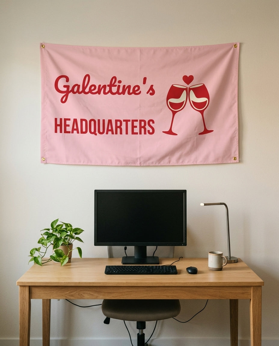 Galentines Headquarters 3x5 flag on a home office wall