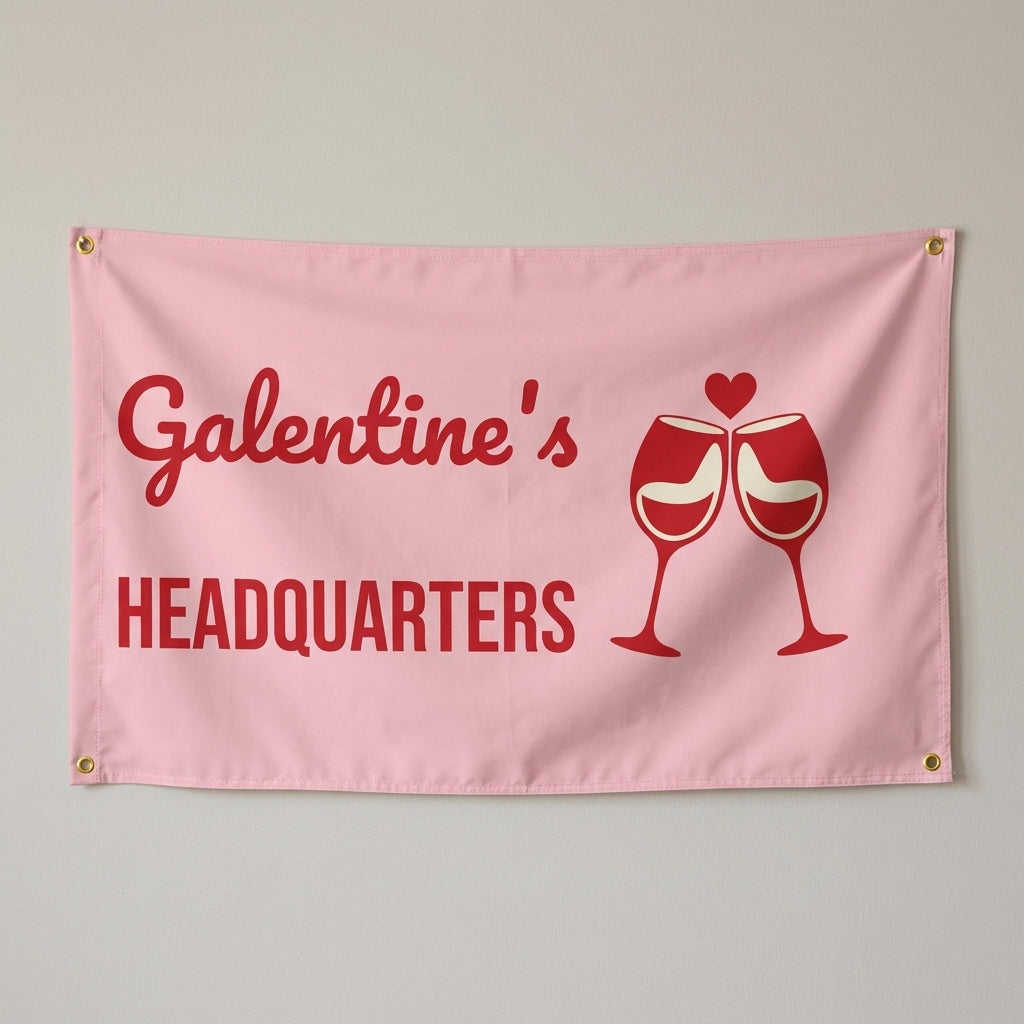 Galentines Headquarters flag 3x5 in pink and red with clinking wine glasses, hung on a wall