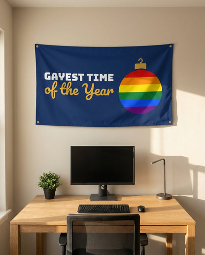 Gayest Time Of The Year 3x5 flag on a home office wall