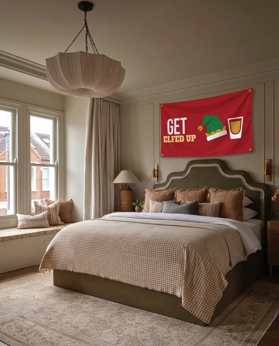 Get Elfed Up Christmas wall flag hanging in a bedroom