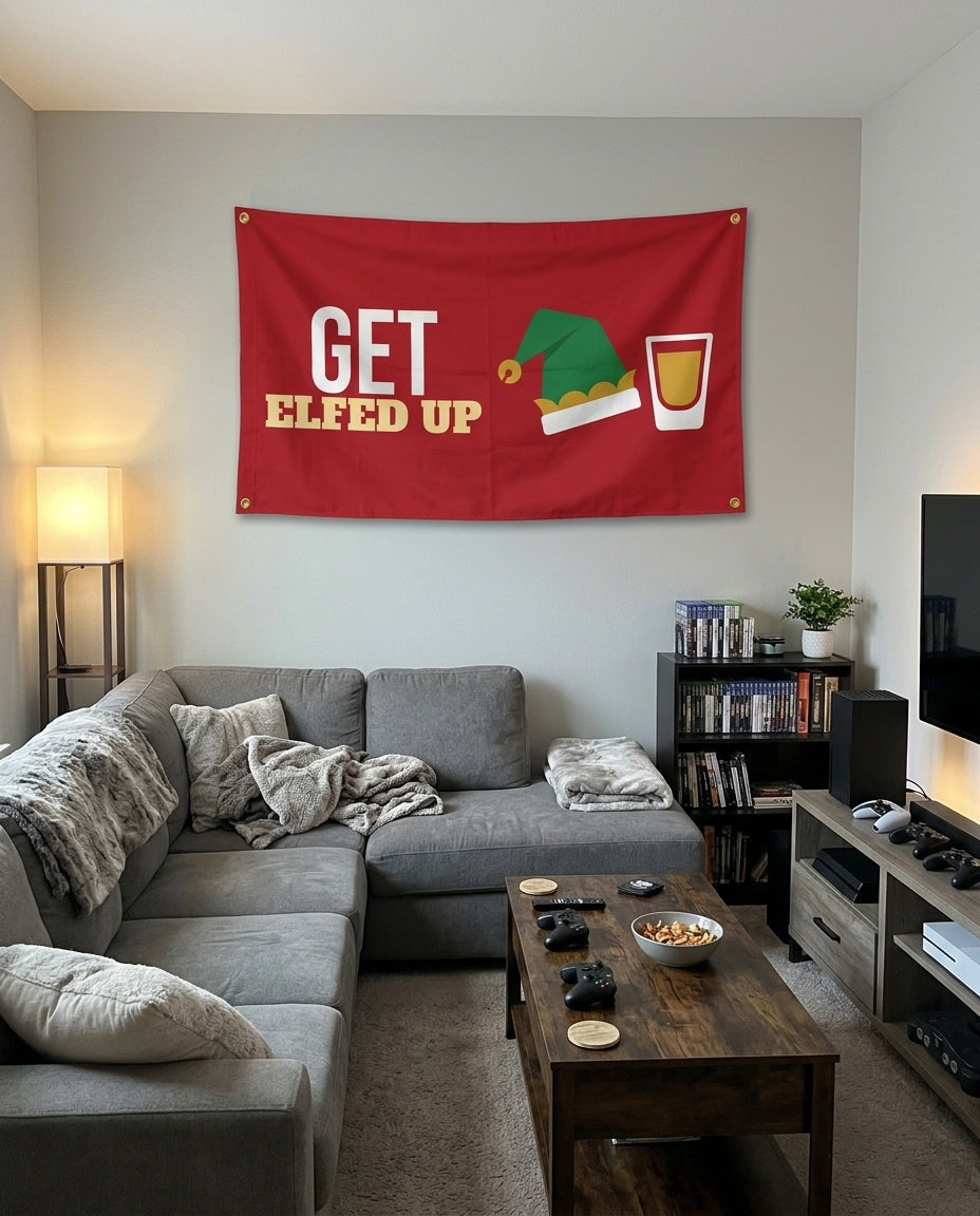 Get Elfed Up flag decorating a game room wall