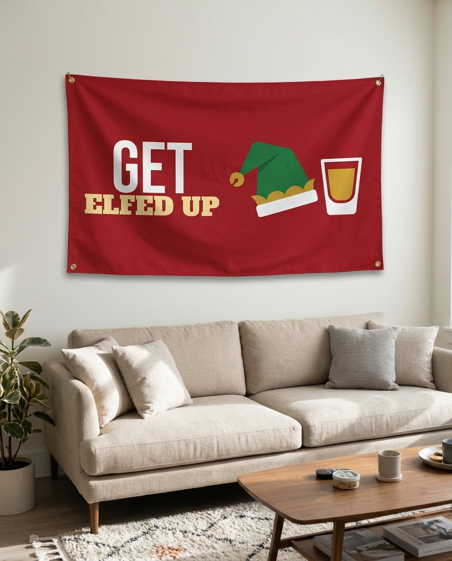 Get Elfed Up flag used as living room wall decor