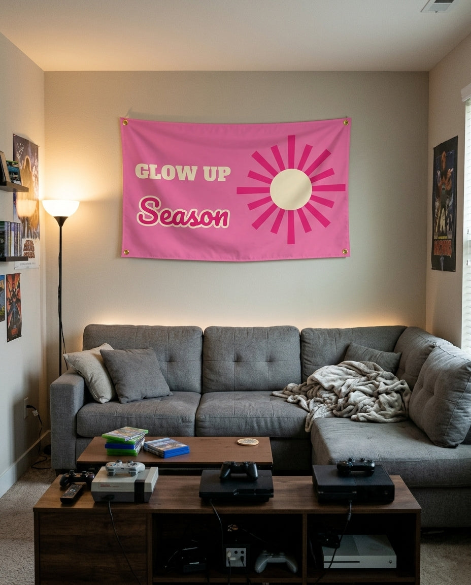 Glow Up Season flag decorating a game room wall