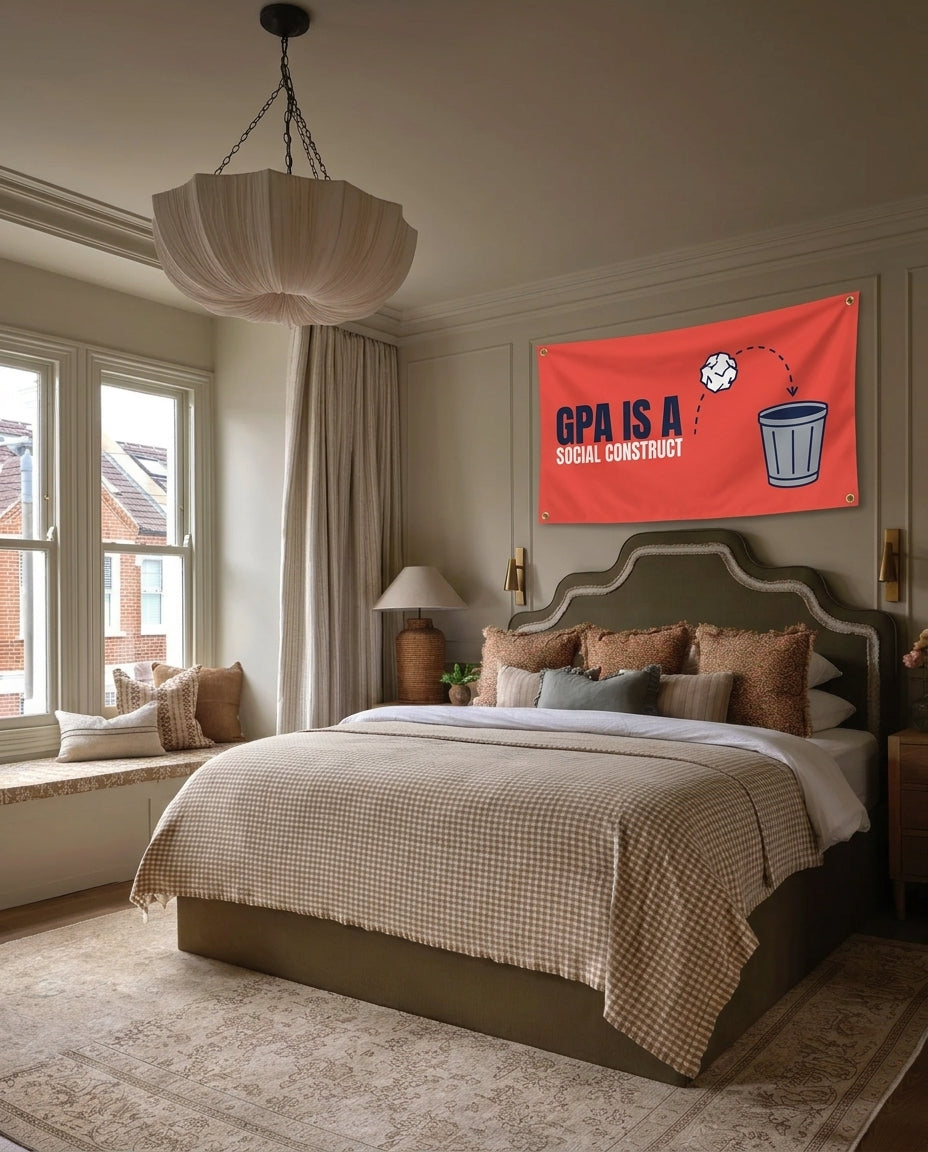 GPA Is A Social Construct dorm wall flag hanging in a bedroom