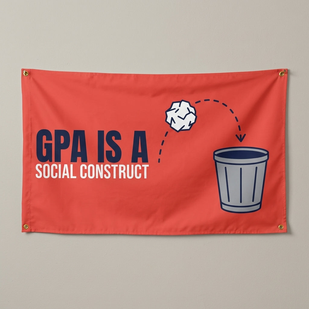 GPA Is A Social Construct flag 3x5 in coral with a paper ball and a trash can, hung on a wall
