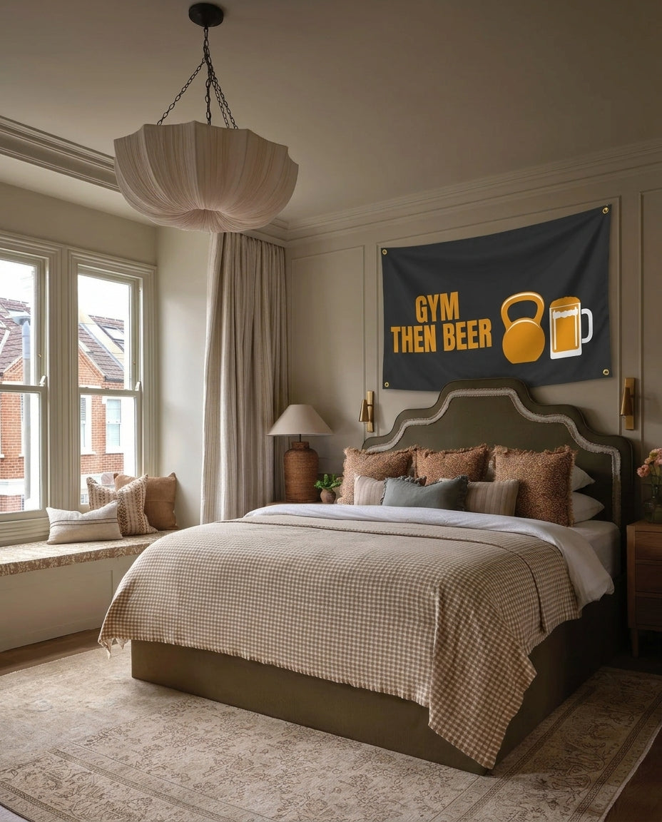 Gym Then Beer gym wall flag hanging in a bedroom
