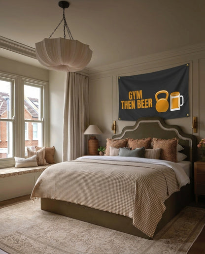 Gym Then Beer gym wall flag hanging in a bedroom