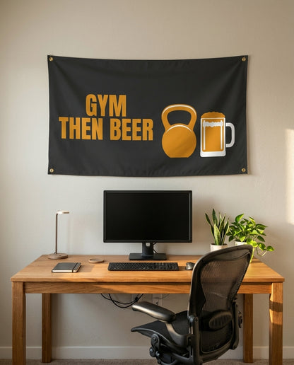 Gym Then Beer 3x5 flag on a home office wall