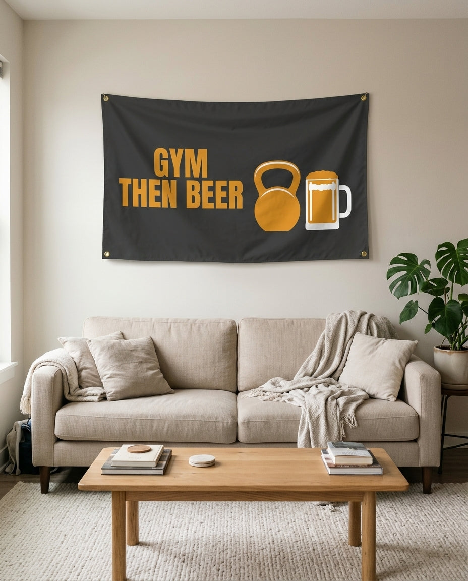 Gym Then Beer flag used as living room wall decor