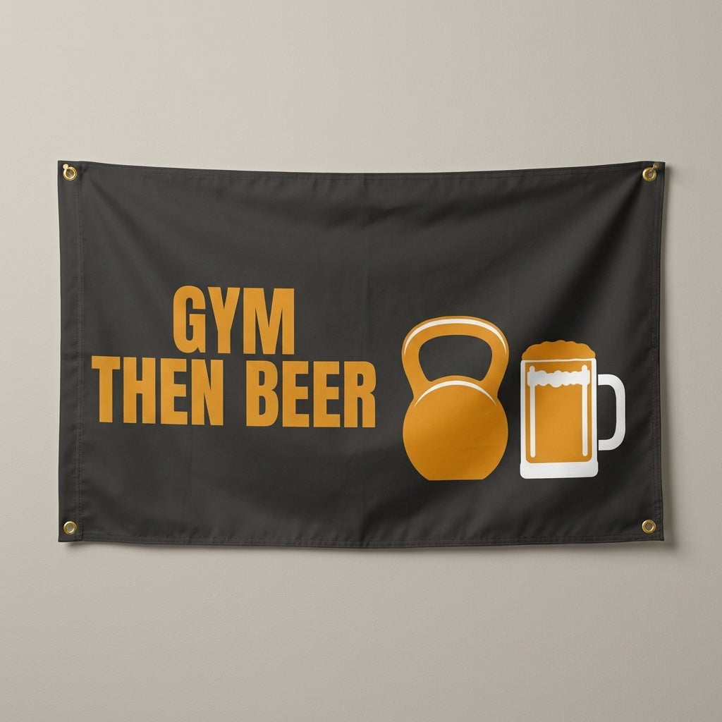 Gym Then Beer flag 3x5 in charcoal with an orange kettlebell and beer mug, hung on a wall