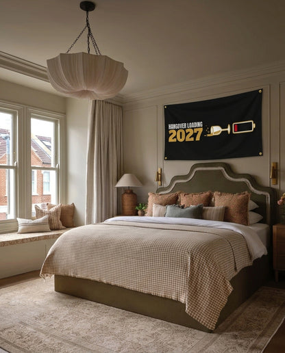 Hangover Loading 2027 New Year's Eve wall flag hanging in a bedroom