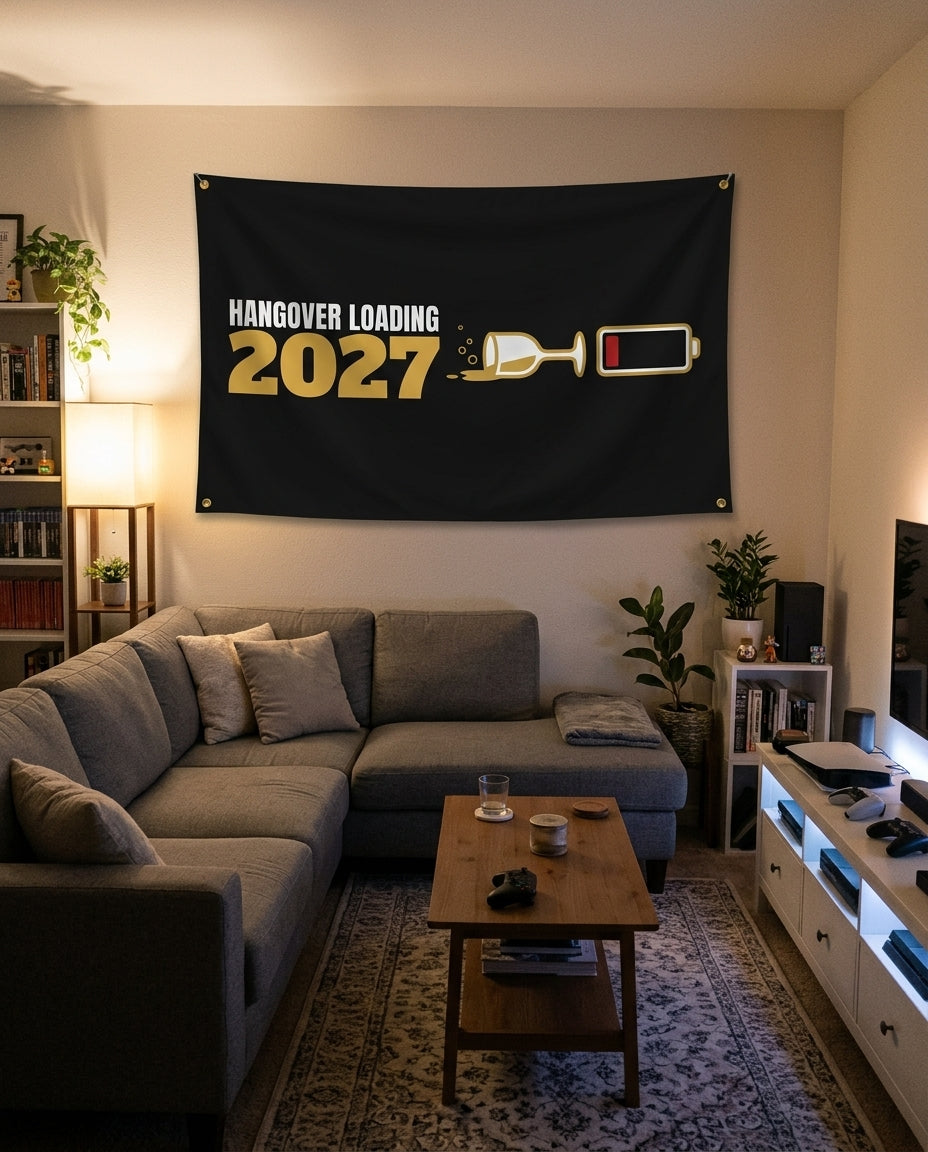 Hangover Loading 2027 flag decorating a game room wall