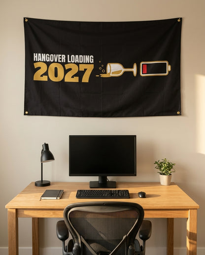 Hangover Loading 2027 3x5 flag on a home office wall