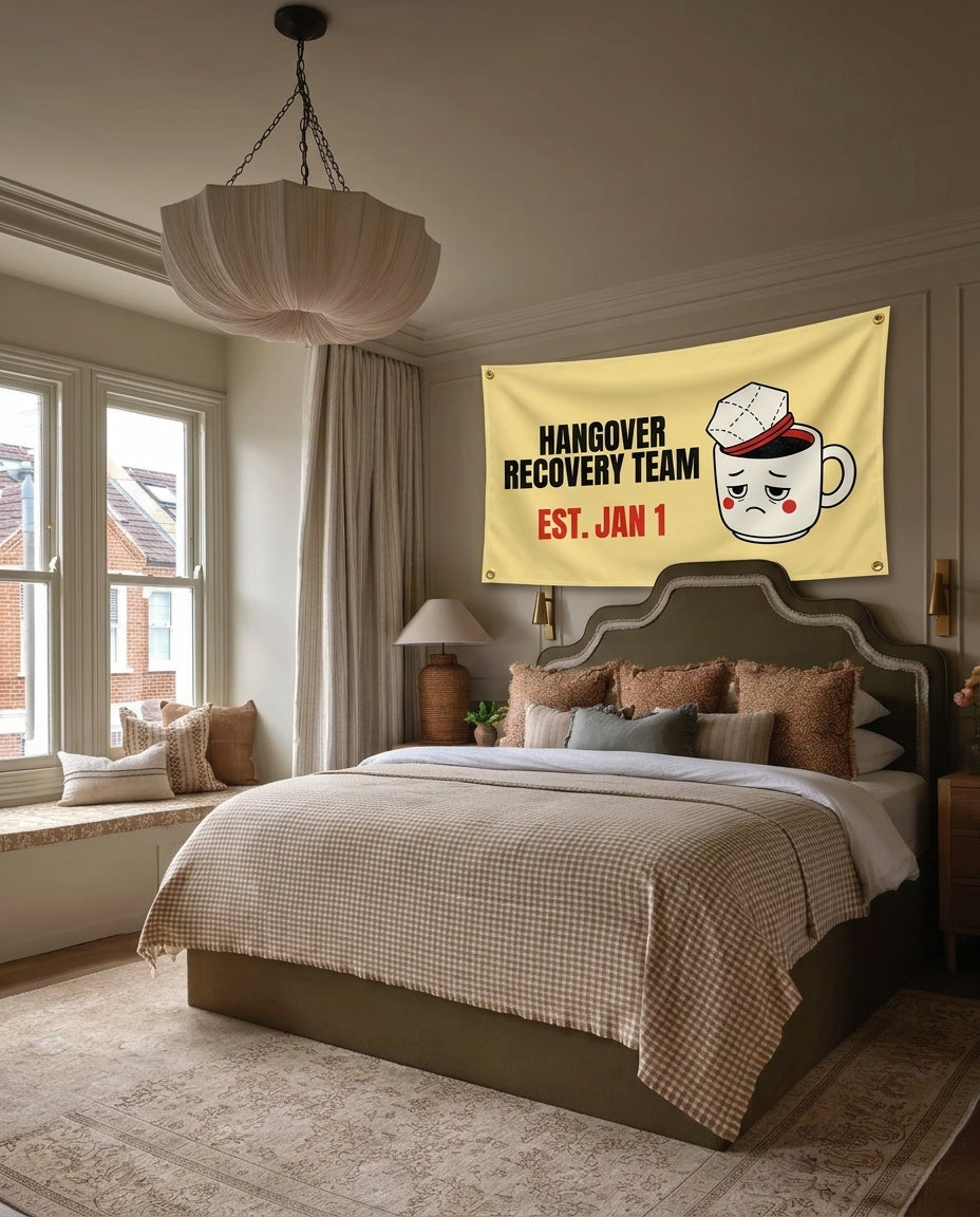 Hangover Recovery Team New Year's wall flag hanging in a bedroom
