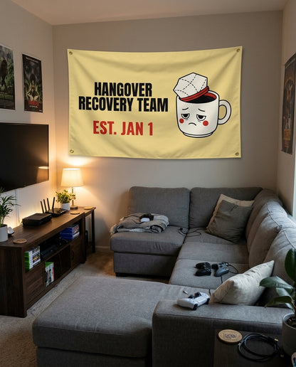 Hangover Recovery Team flag decorating a game room wall