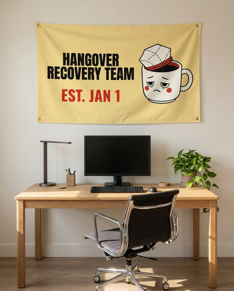 Hangover Recovery Team 3x5 flag on a home office wall
