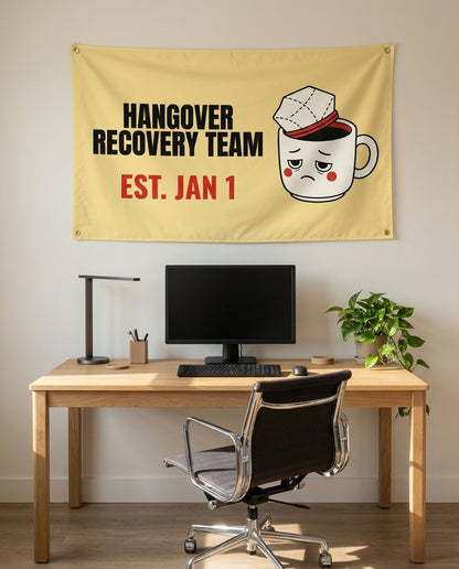 Hangover Recovery Team 3x5 flag on a home office wall