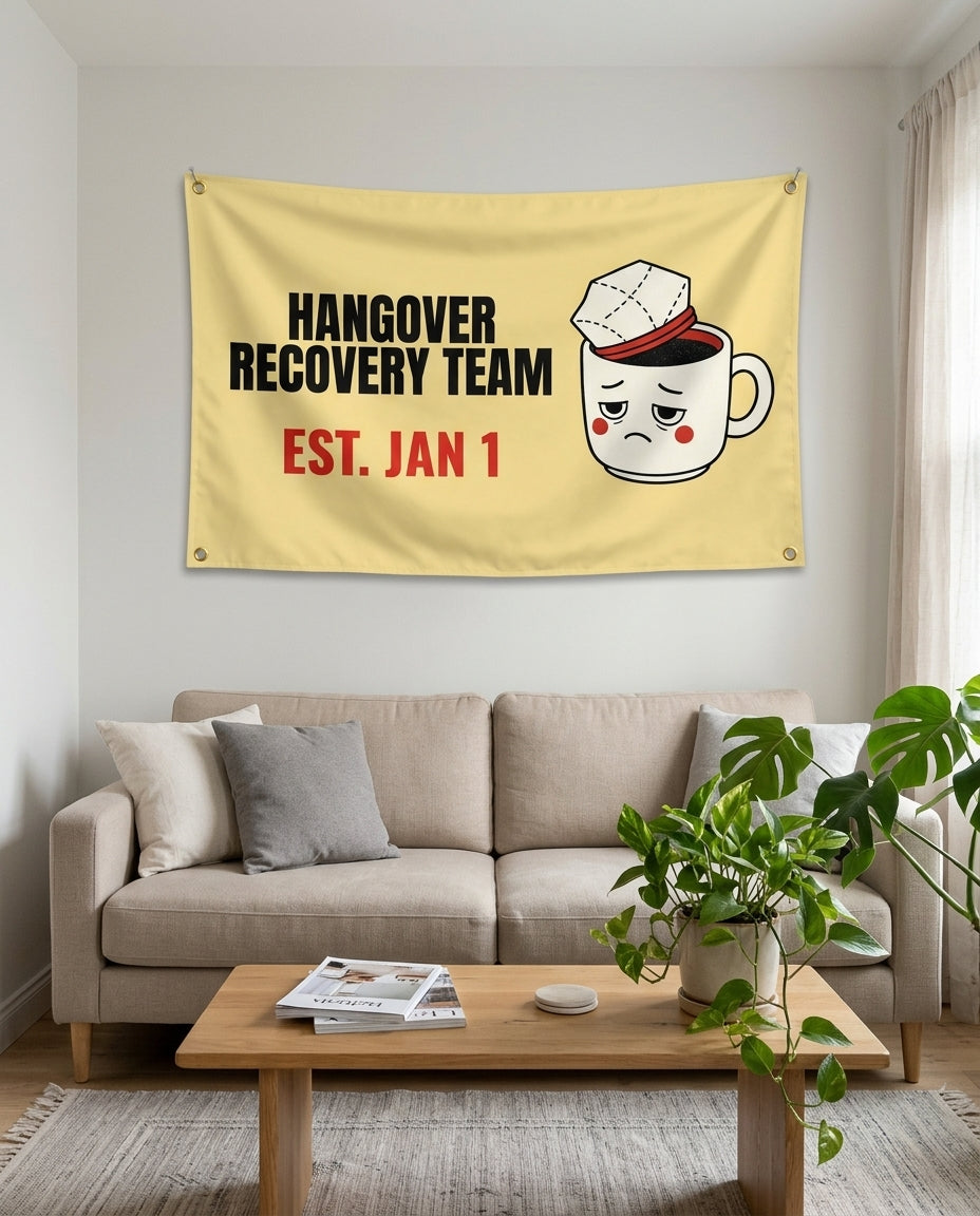 Hangover Recovery Team flag used as New Year's living room wall decor