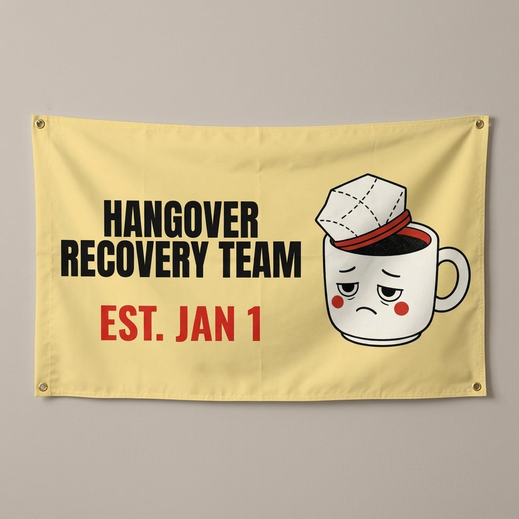 Hangover Recovery Team flag 3x5 with a tired coffee mug in a party hat, hung on a wall
