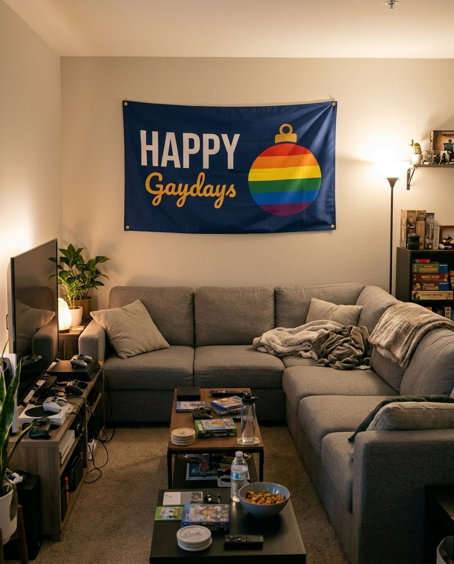 Happy Gaydays flag decorating a game room wall