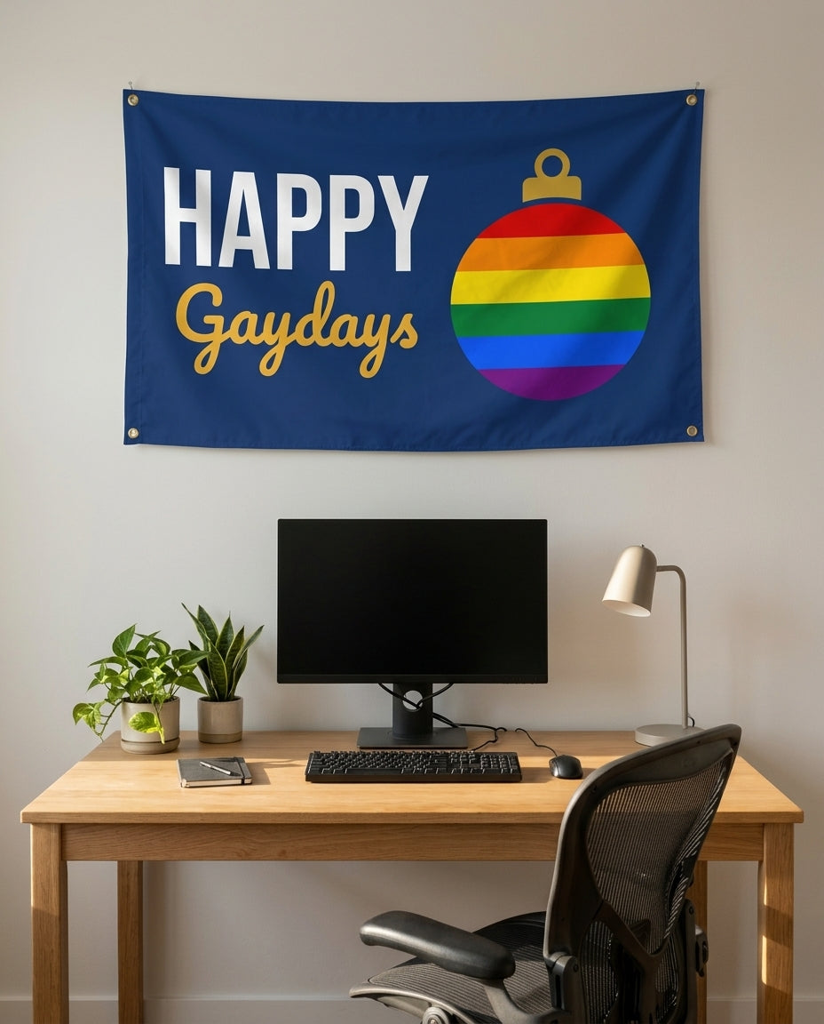 Happy Gaydays 3x5 flag on a home office wall