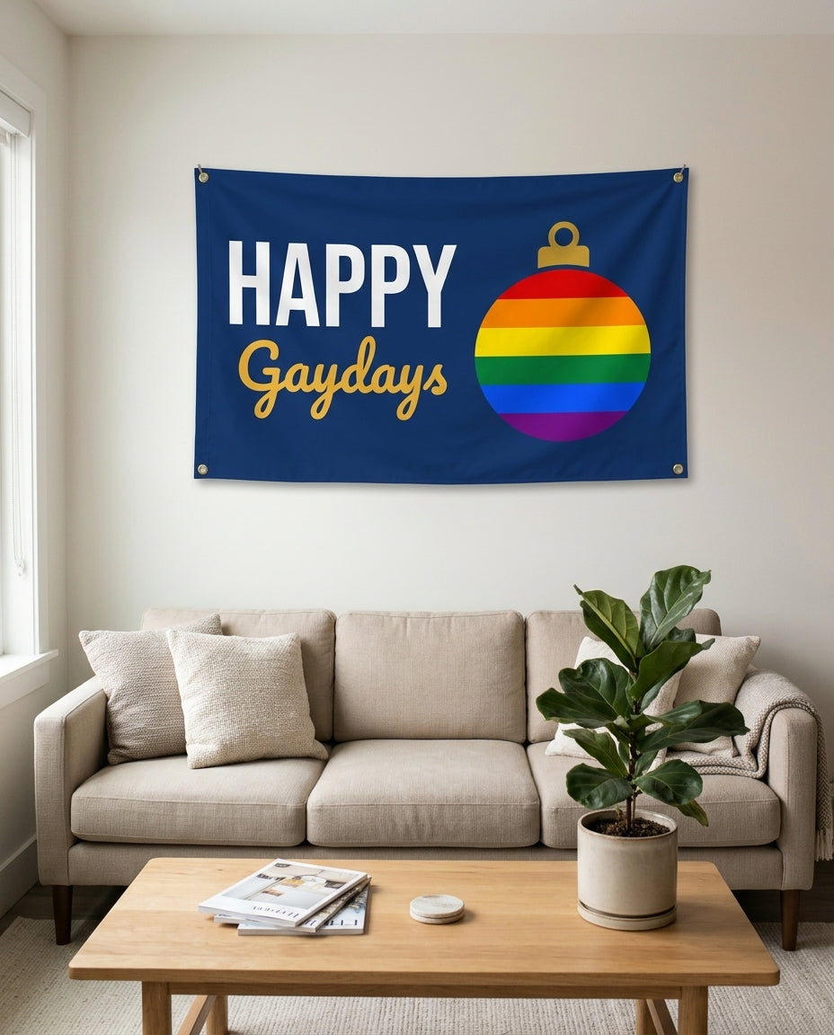 Happy Gaydays flag used as living room wall decor