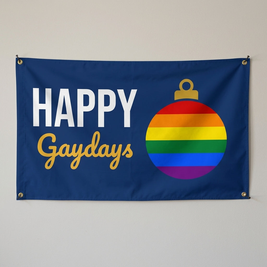 Happy Gaydays flag 3x5 in navy with a rainbow ornament, hung on a wall