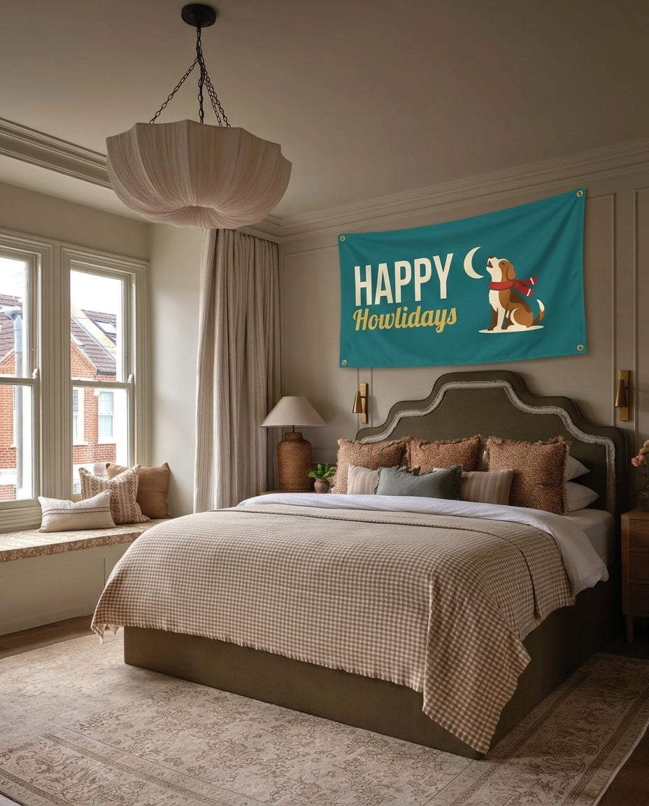 Happy Howlidays dog lover wall flag hanging in a bedroom
