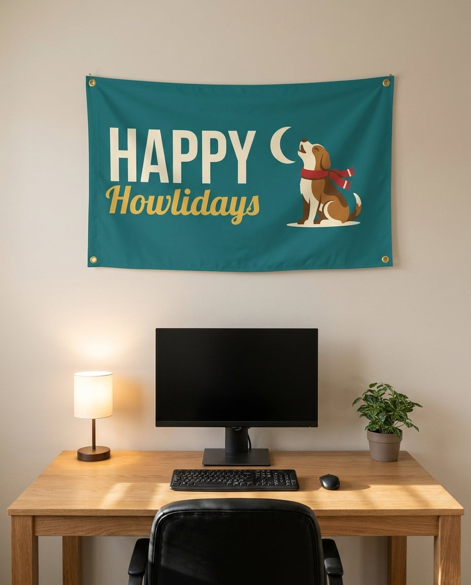 Happy Howlidays 3x5 flag on a home office wall