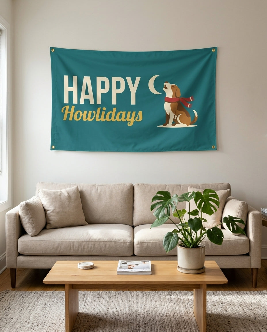 Happy Howlidays flag used as living room wall decor