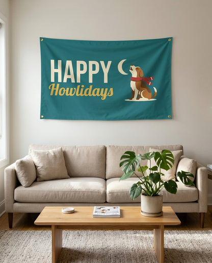 Happy Howlidays flag used as living room wall decor