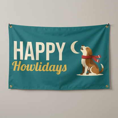 Happy Howlidays flag 3x5 in teal with a howling dog in a scarf, hung on a wall
