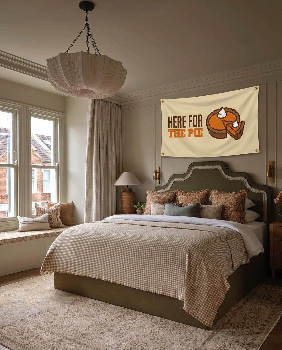 Here For The Pie Thanksgiving wall flag hanging in a bedroom