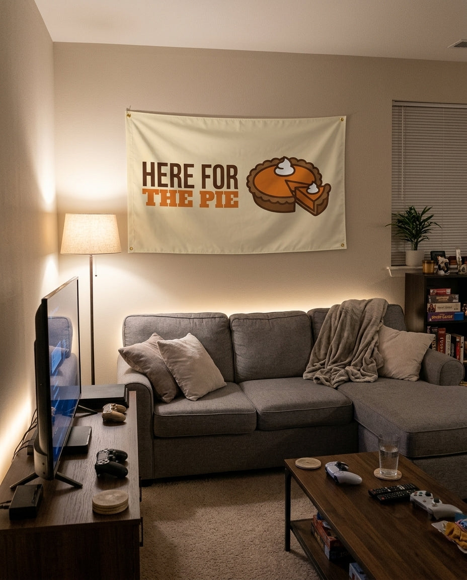 Here For The Pie flag decorating a game room wall