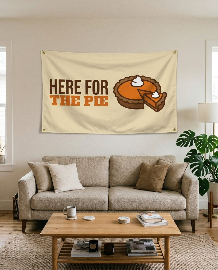 Here For The Pie flag used as living room wall decor