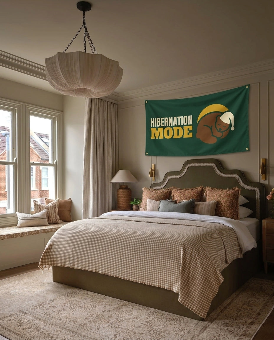 Hibernation Mode winter wall flag hanging in a bedroom