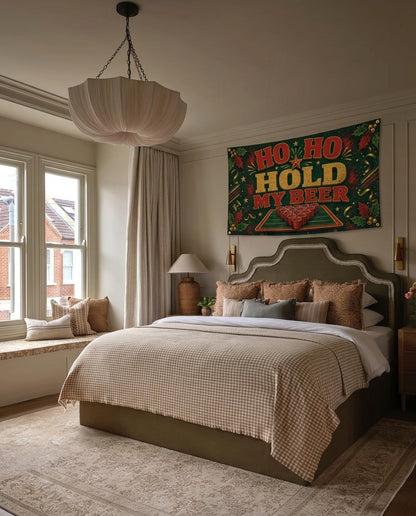 Ho Ho Hold My Beer Christmas wall flag hanging in a bedroom