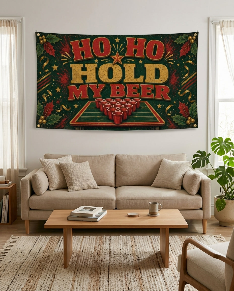 Ho Ho Hold My Beer flag used as holiday living room wall decor
