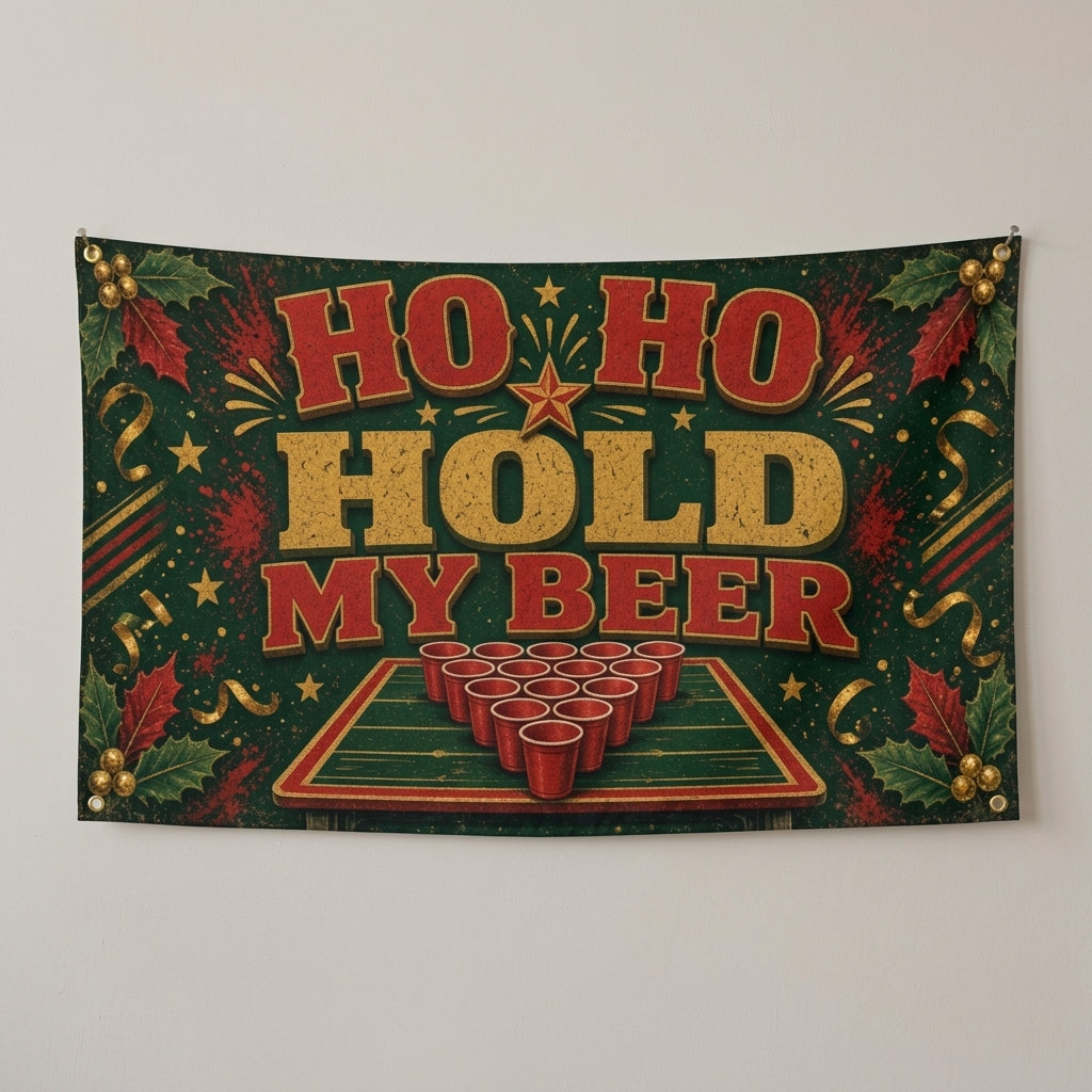 Ho Ho Hold My Beer flag 3x5 in red, green and gold with a pong setup, hung on a wall