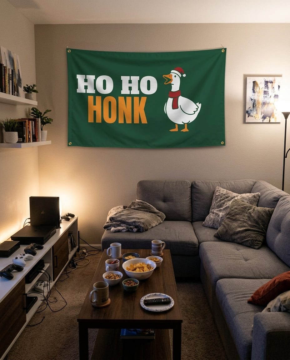 Ho Ho Honk flag decorating a game room wall