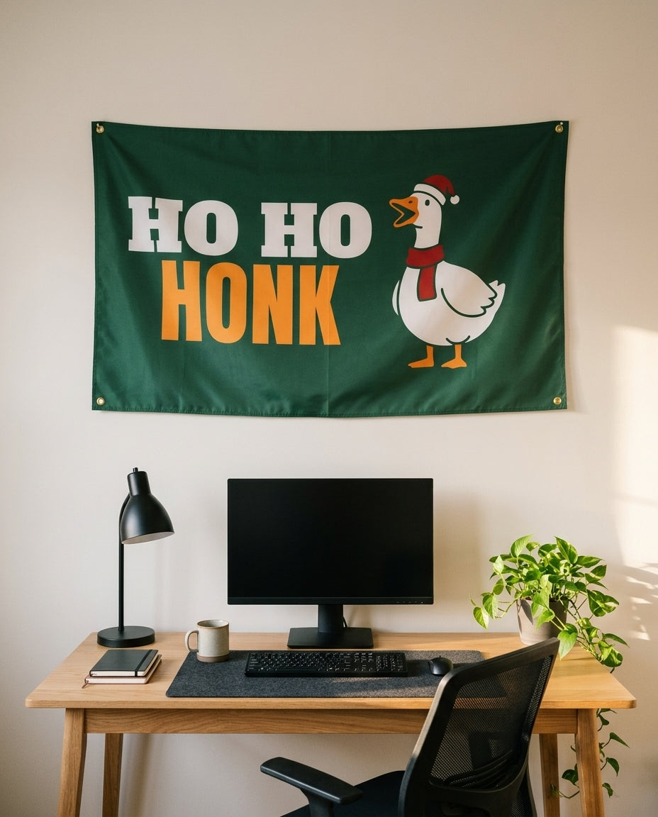 Ho Ho Honk 3x5 flag on a home office wall