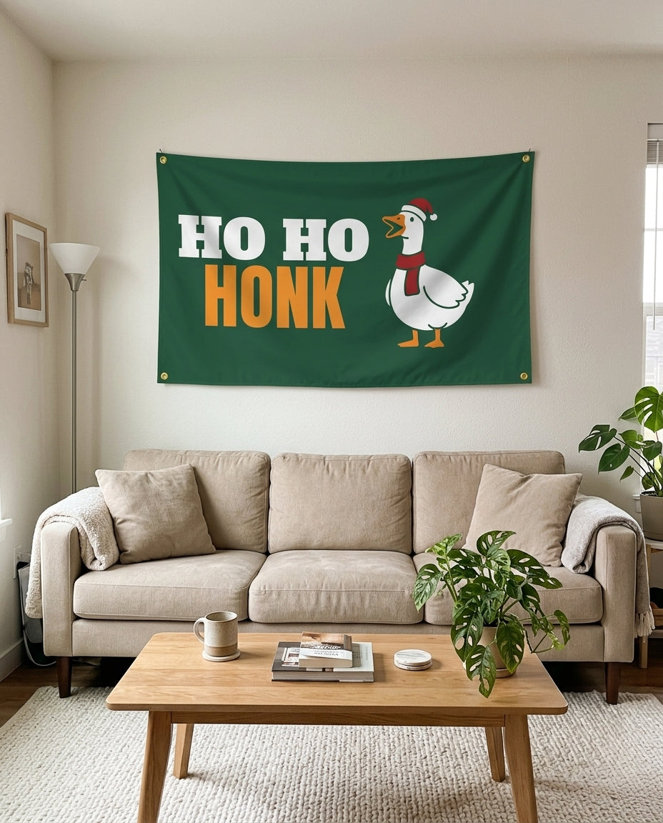 Ho Ho Honk flag used as living room wall decor
