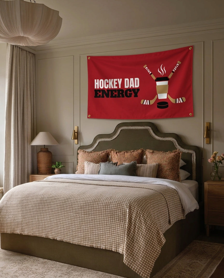 Hockey Dad Energy hockey wall flag hanging in a bedroom
