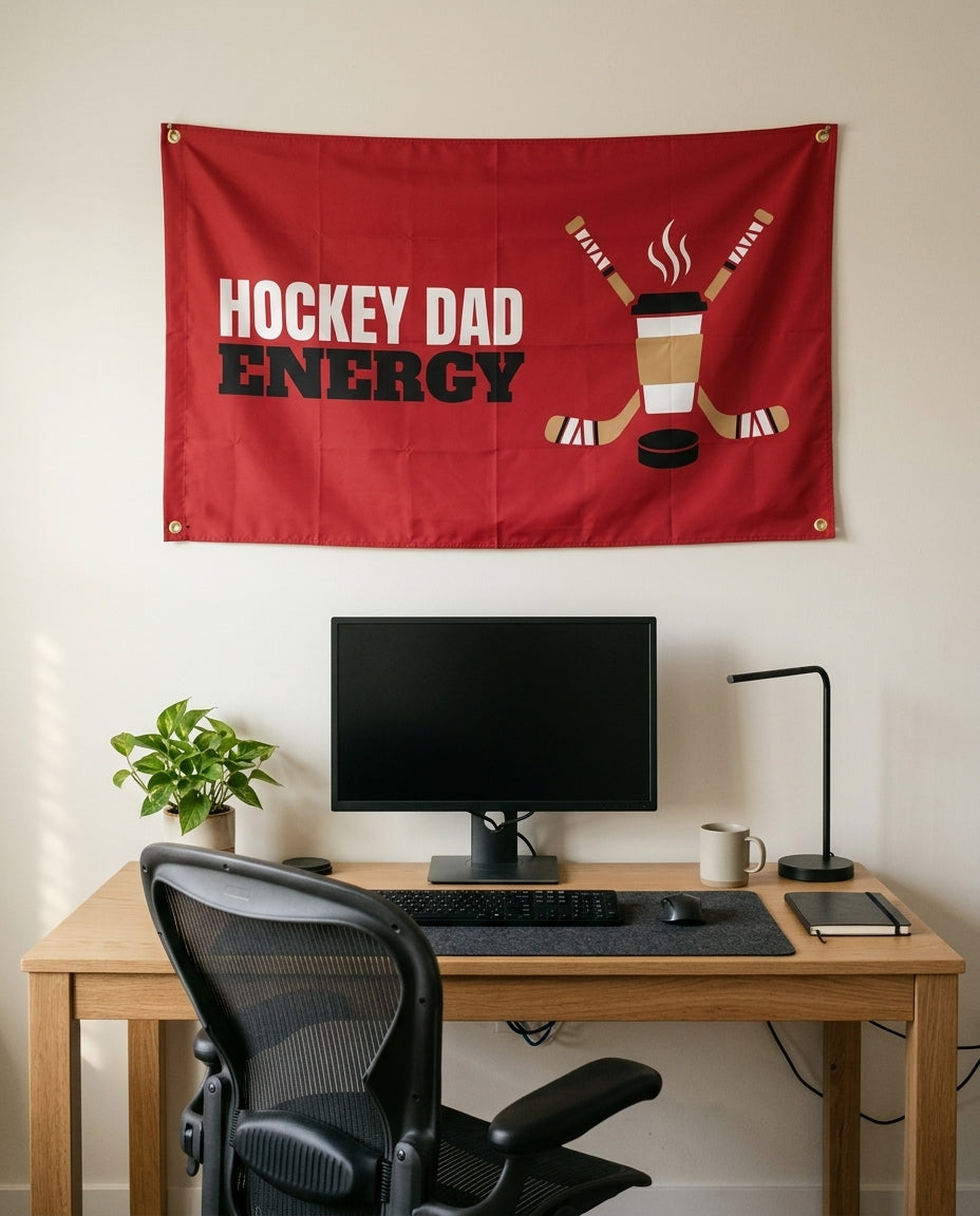Hockey Dad Energy 3x5 flag on a home office wall